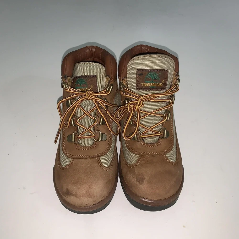 Timberland Field Boots Boys Size 1 Brown Nubuck Canvas Hiking Trail A75163